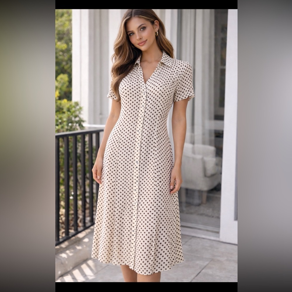 Sandra Darren Cream and Black Polka Dot Dress